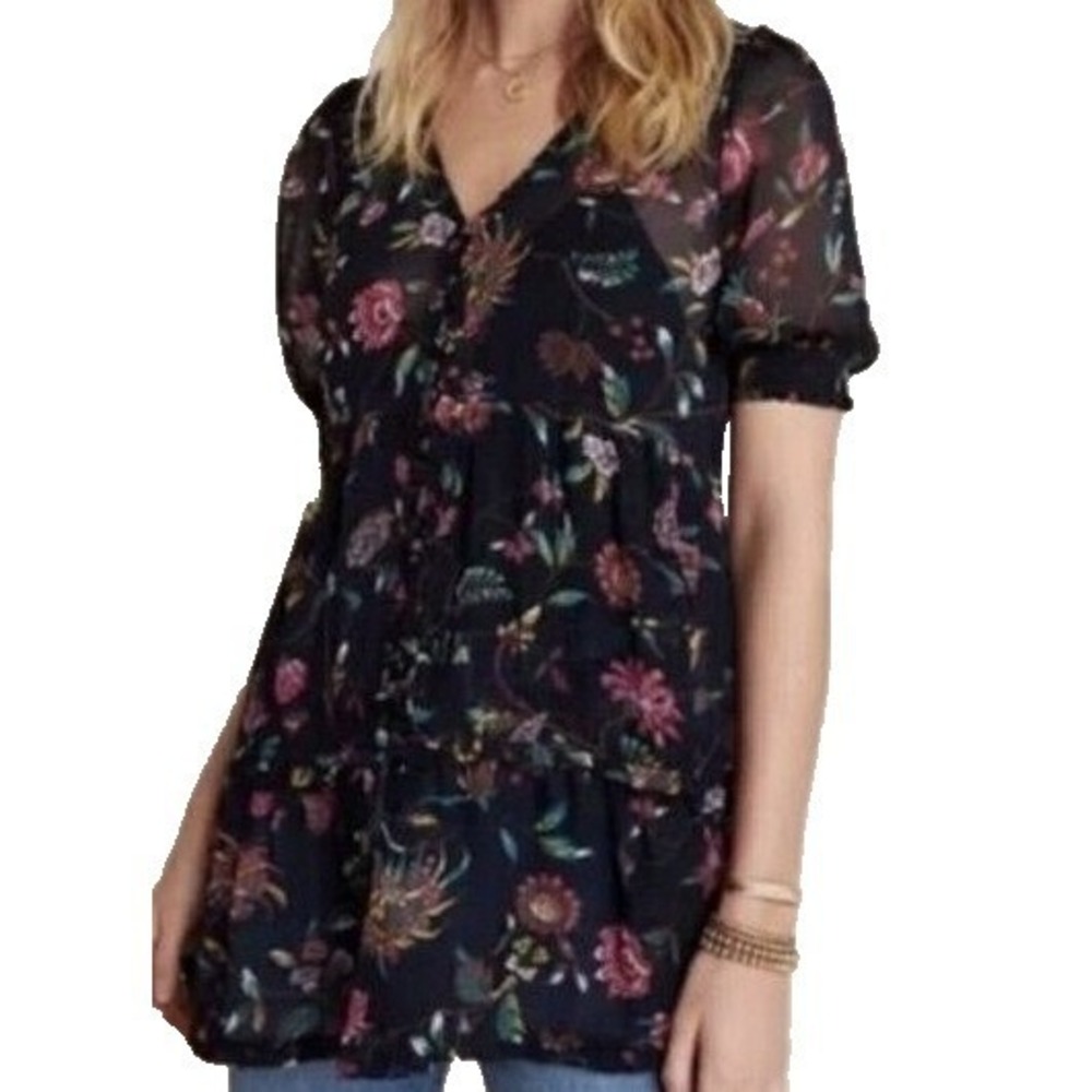 Anthropologie size Small Salzburg Floral Ruffle gauze tunic Blouse puffy sleeves